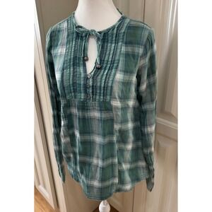 Prana Plaid Top Teal Green White Button Up Peasant Blouse Long Sleeve Medium EUC
